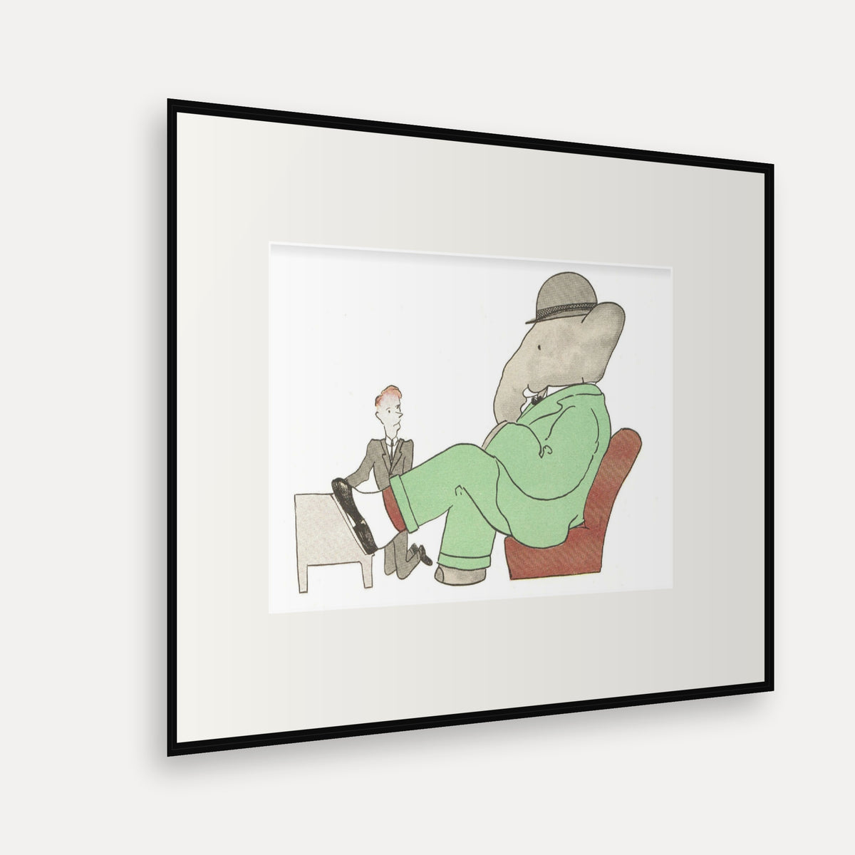 Babar Tries on His New Shoes, Histoire de Babar - mounted and framed print, angled view