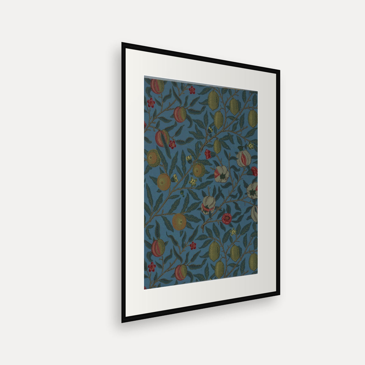 Fruit, Blue, William Morris Wallpaper Print - mounted and framed print, angled view