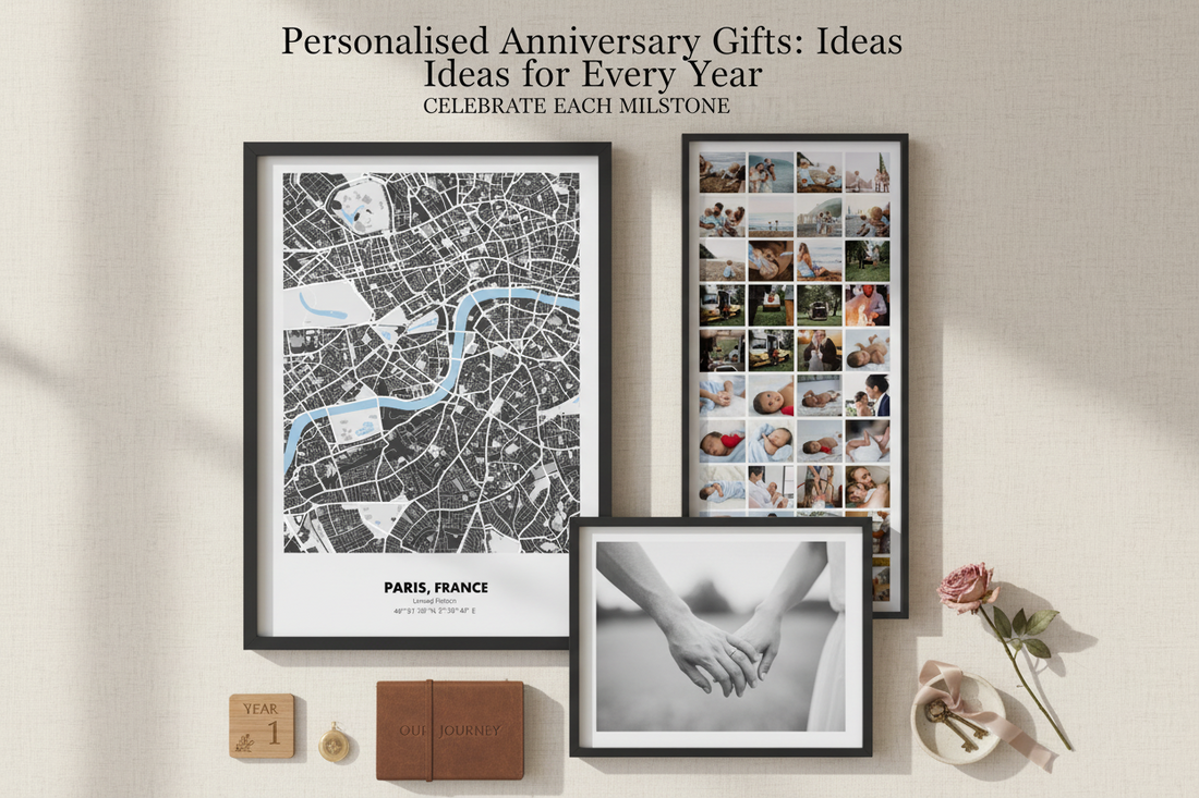 Personalised anniversary gifts including custom map prints and framed photo art from The Poster Edit