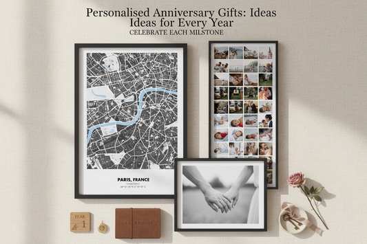 Personalised anniversary gifts including custom map prints and framed photo art from The Poster Edit