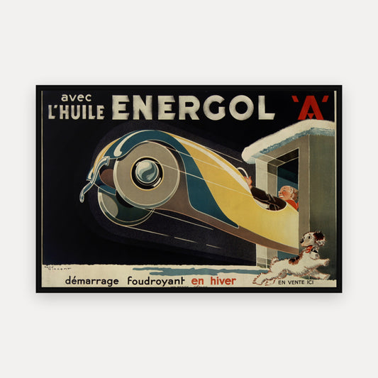 Avec l'huile Energol A, démarrage foudroyant en hiver en vente ici vintage poster in a black frame
