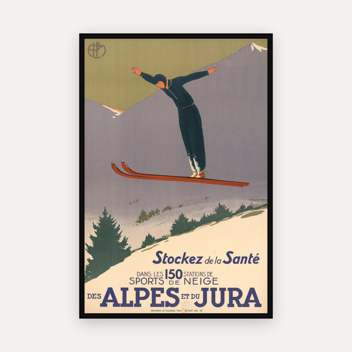 PLM. Stockez de la santé dans les 150 stations de sports de neige des Alpes et du Jura. · 1930 · Jean-Raoul Chaurand-Naurac - Vintage Poster Print