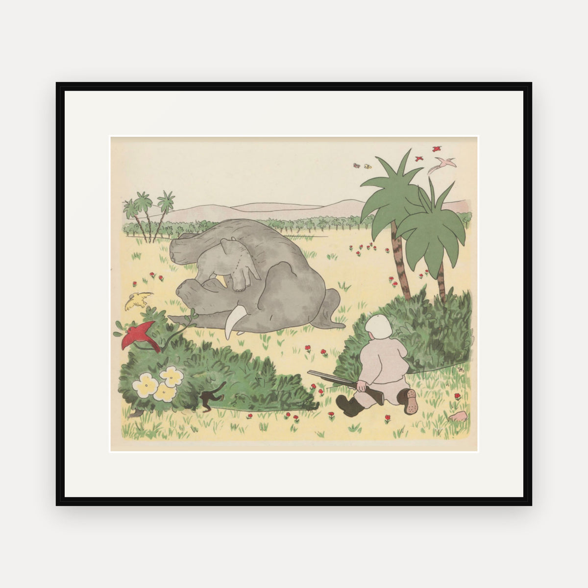 The Hunter in the Great Forest, Histoire de Babar - mounted and framed print, front view