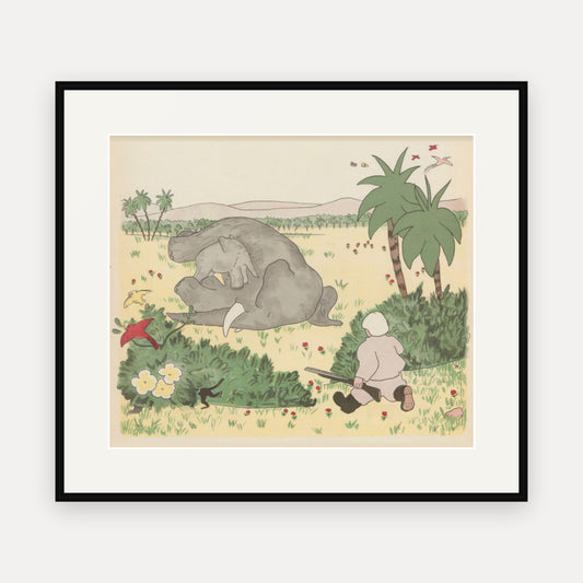 The Hunter in the Great Forest, Histoire de Babar - mounted and framed print, front view