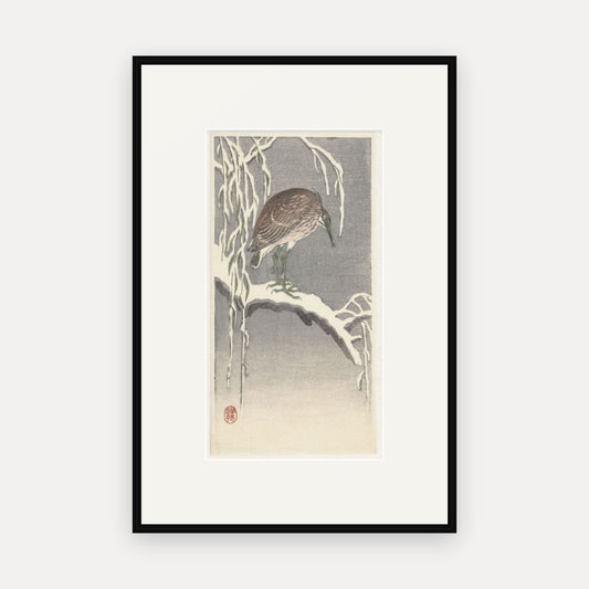 Heron on a Snowy Willow · Ohara Koson · Japanese Woodblock Print