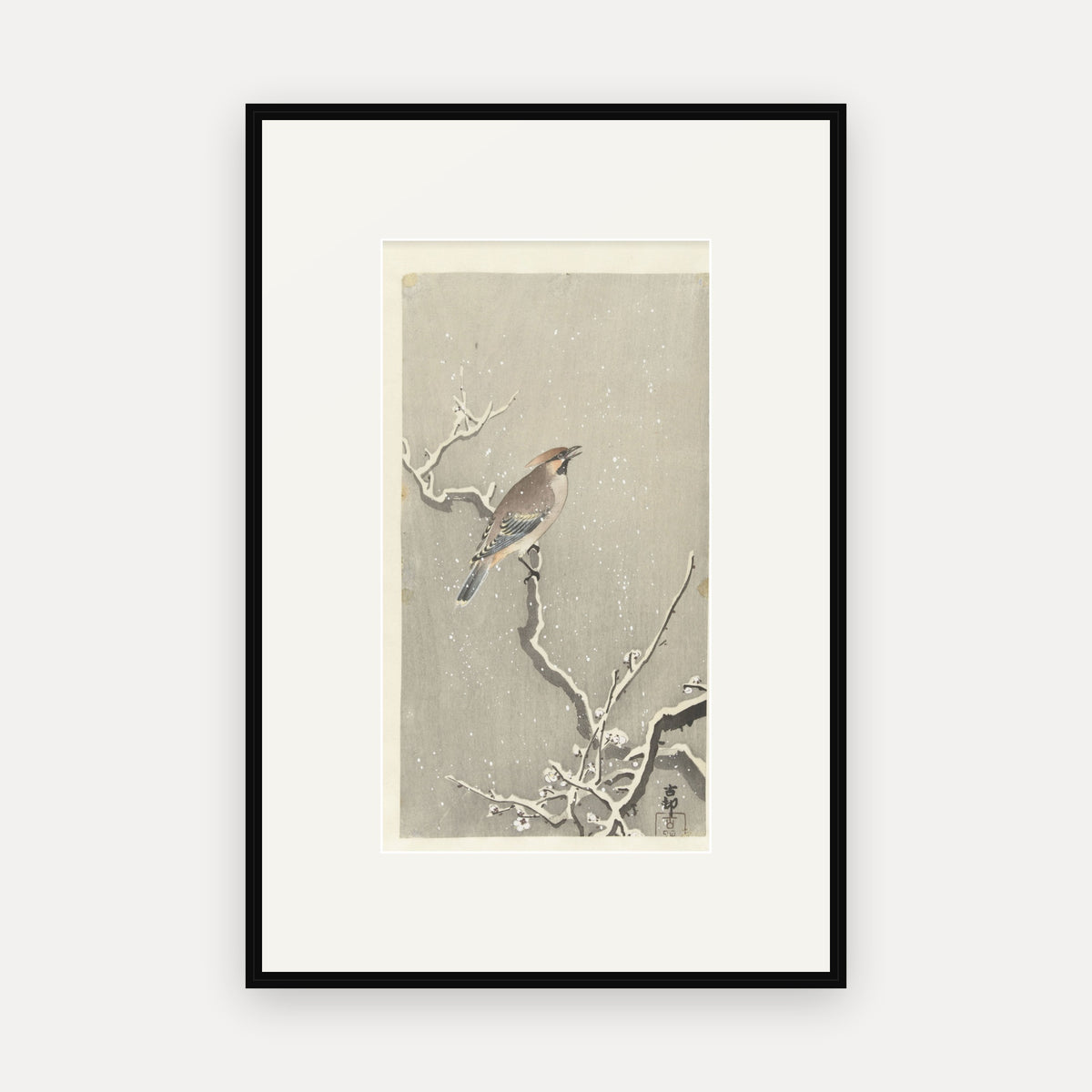 Waxwing on a Snowy Branch · Ohara Koson · Japanese Woodblock Print