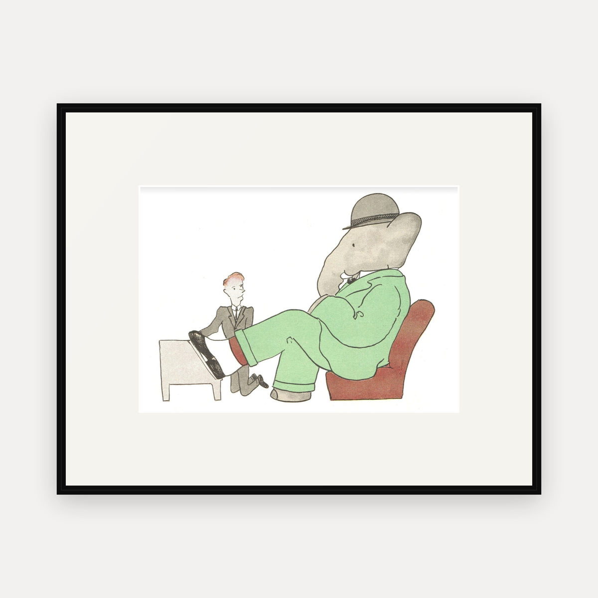 Babar Tries on His New Shoes, Histoire de Babar - mounted and framed print, front view