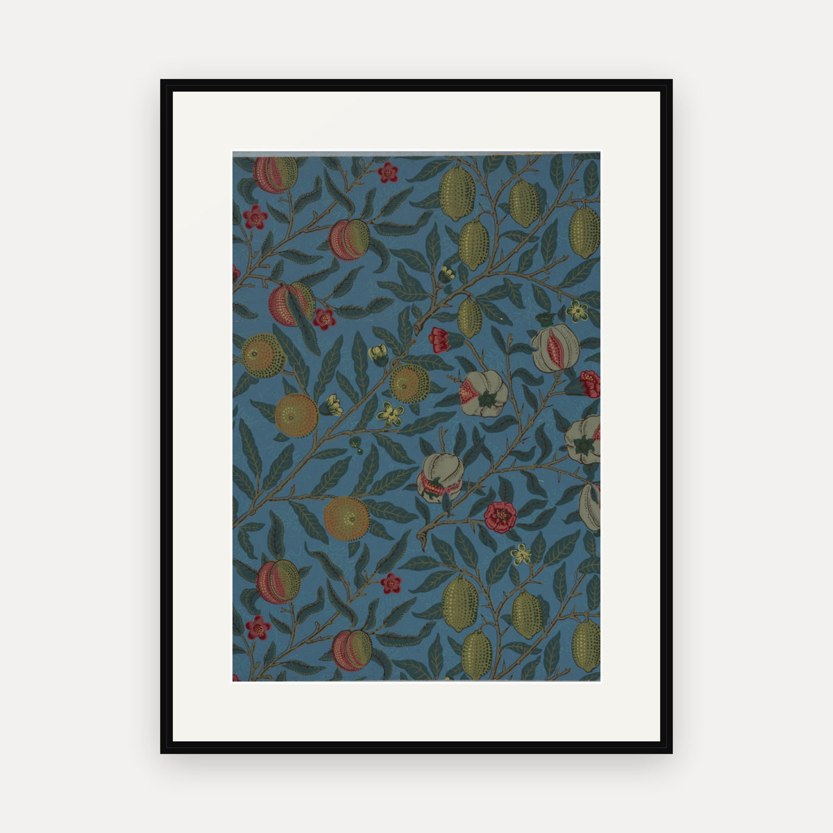 Fruit, Blue, William Morris Wallpaper Print - mounted and framed print, front view