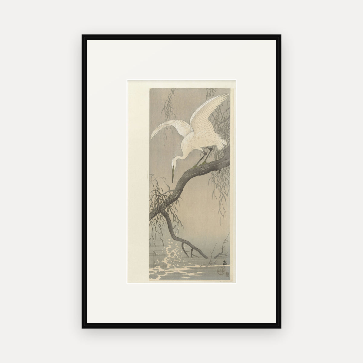 Egret on a Willow Branch · Ohara Koson · Japanese Woodblock Print