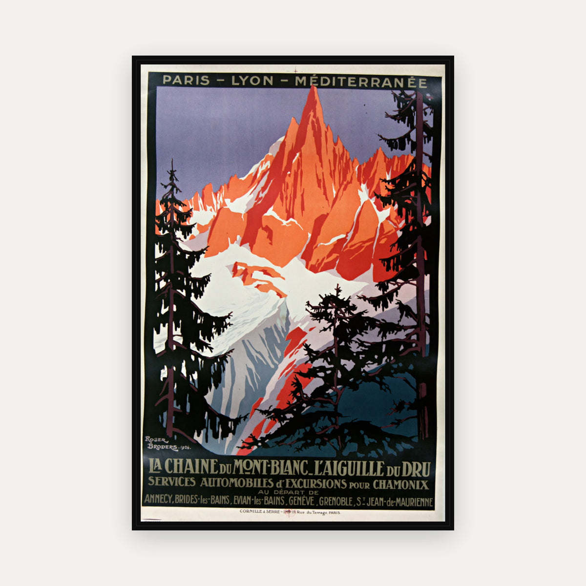 Paris-Lyon-Méditerranée La chaîne du Mont-Blanc, l'aiguille du Dru, services automobiles d'excursions pour Chamonix., Roger Broders 1924 · 1924 · Roger Broders - Vintage Poster Print