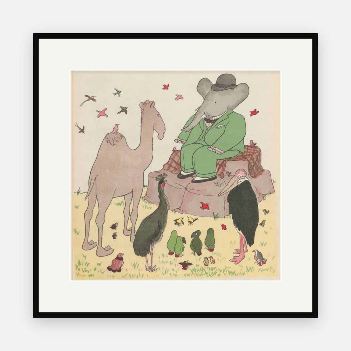 Babar, the Camel and the Birds, Histoire de Babar - mounted and framed print, front view
