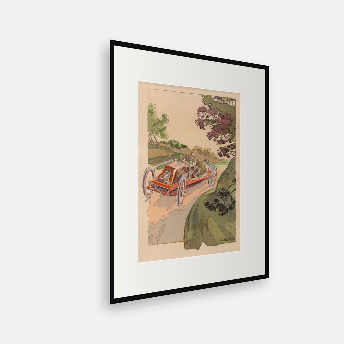 Circuit de la Sarthe 1906, Szisz in a Bend - Ernest Montaut framed print shown at an angle