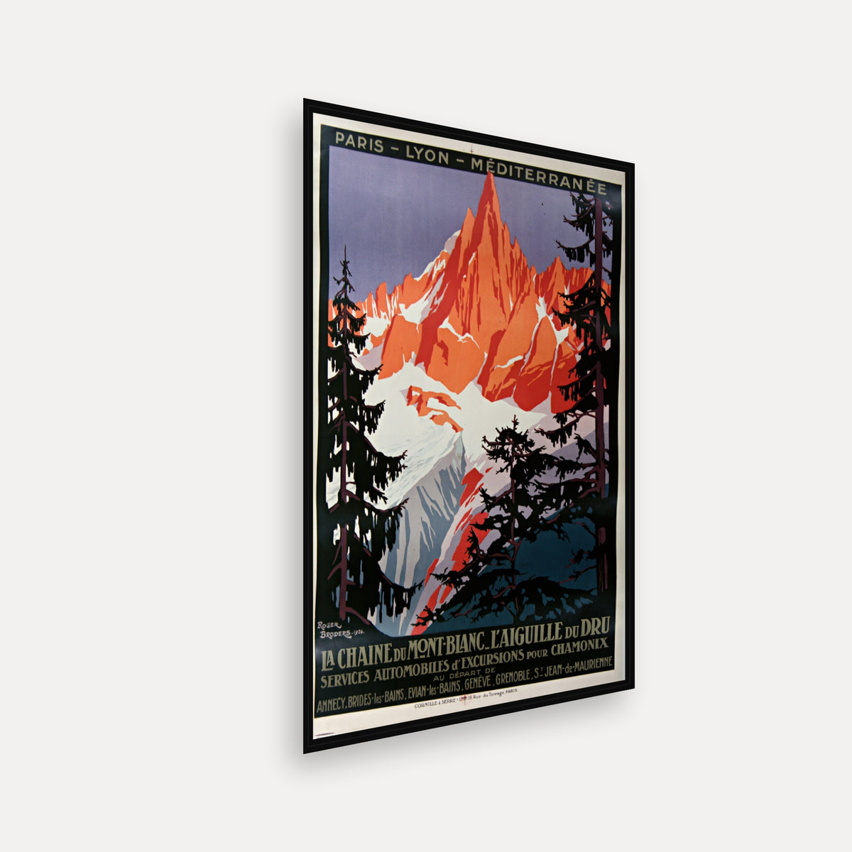 Paris-Lyon-Méditerranée La chaîne du Mont-Blanc, l'aiguille du Dru, services automobiles d'excursions pour Chamonix., Roger Broders 1924 · 1924 · Roger Broders - Vintage Poster Print