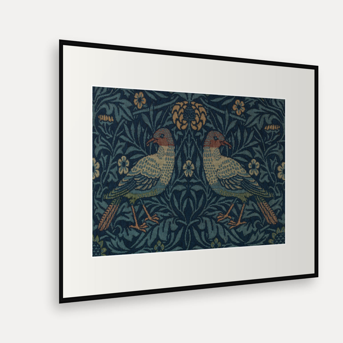 Bird, Perched, William Morris Textile Print - mounted and framed print, angled view