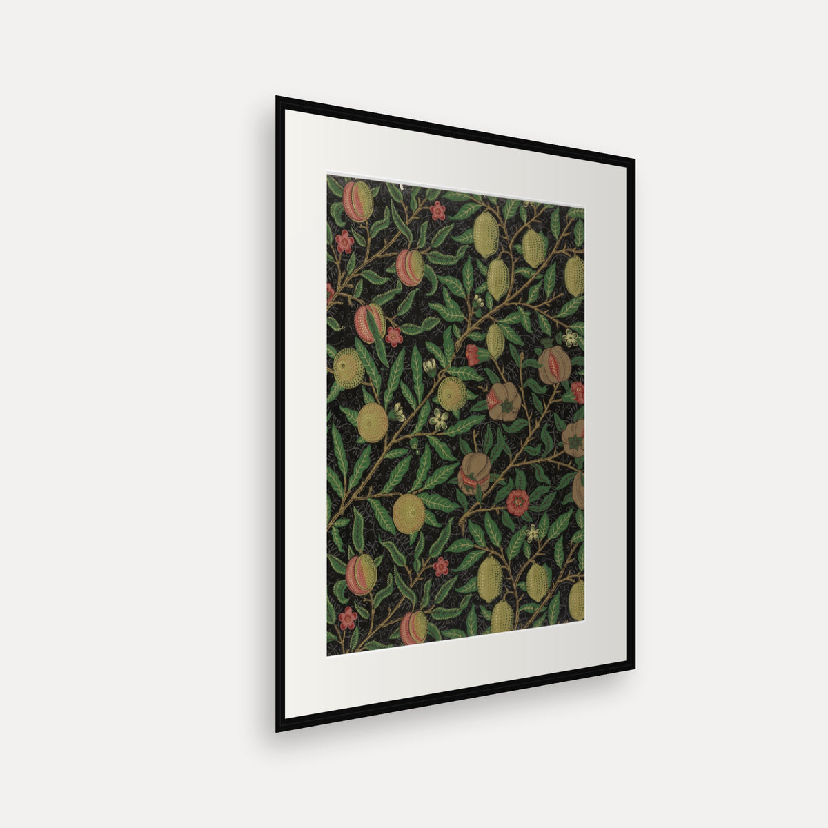 Fruit, Dark Ground, William Morris Wallpaper Print - mounted and framed print, angled view