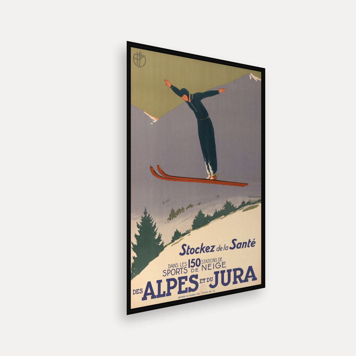 PLM. Stockez de la santé dans les 150 stations de sports de neige des Alpes et du Jura. · 1930 · Jean-Raoul Chaurand-Naurac - Vintage Poster Print