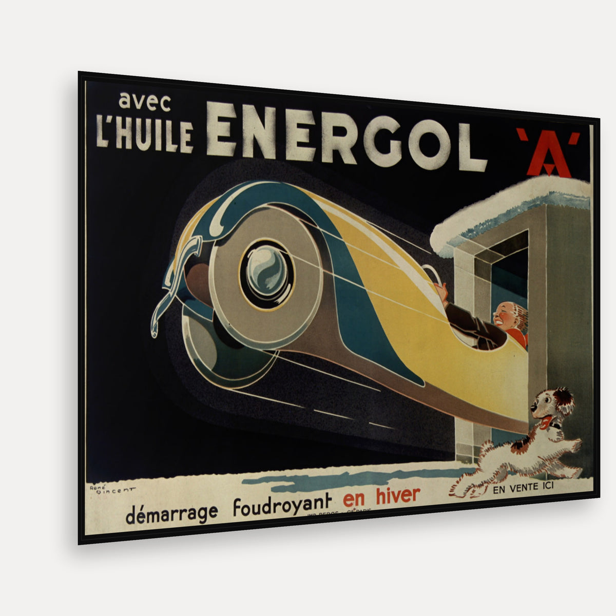 Avec l'huile Energol A, démarrage foudroyant en hiver en vente ici · 1930 · René Vincent - Vintage Poster Print