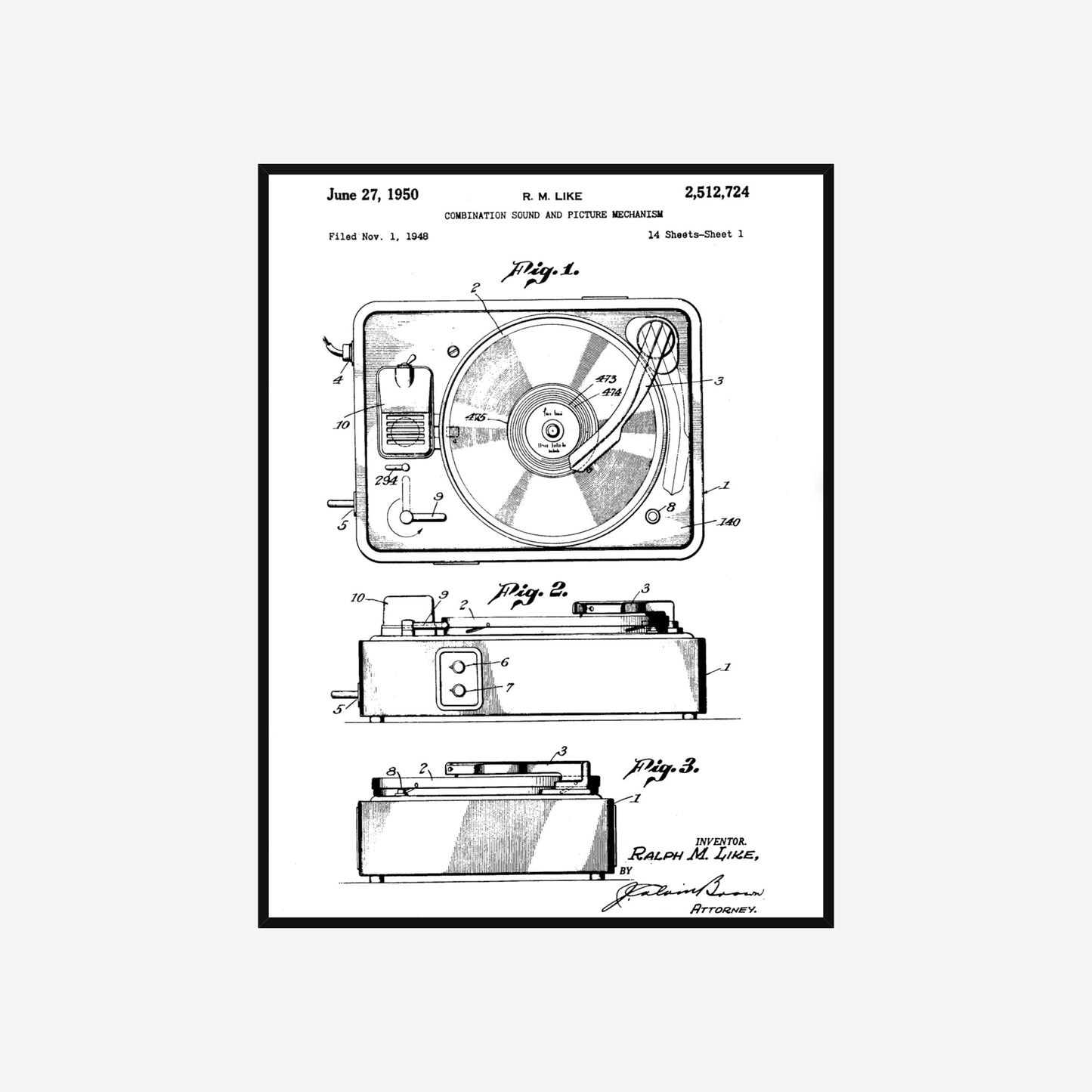 Record Player 1950 Patent Print