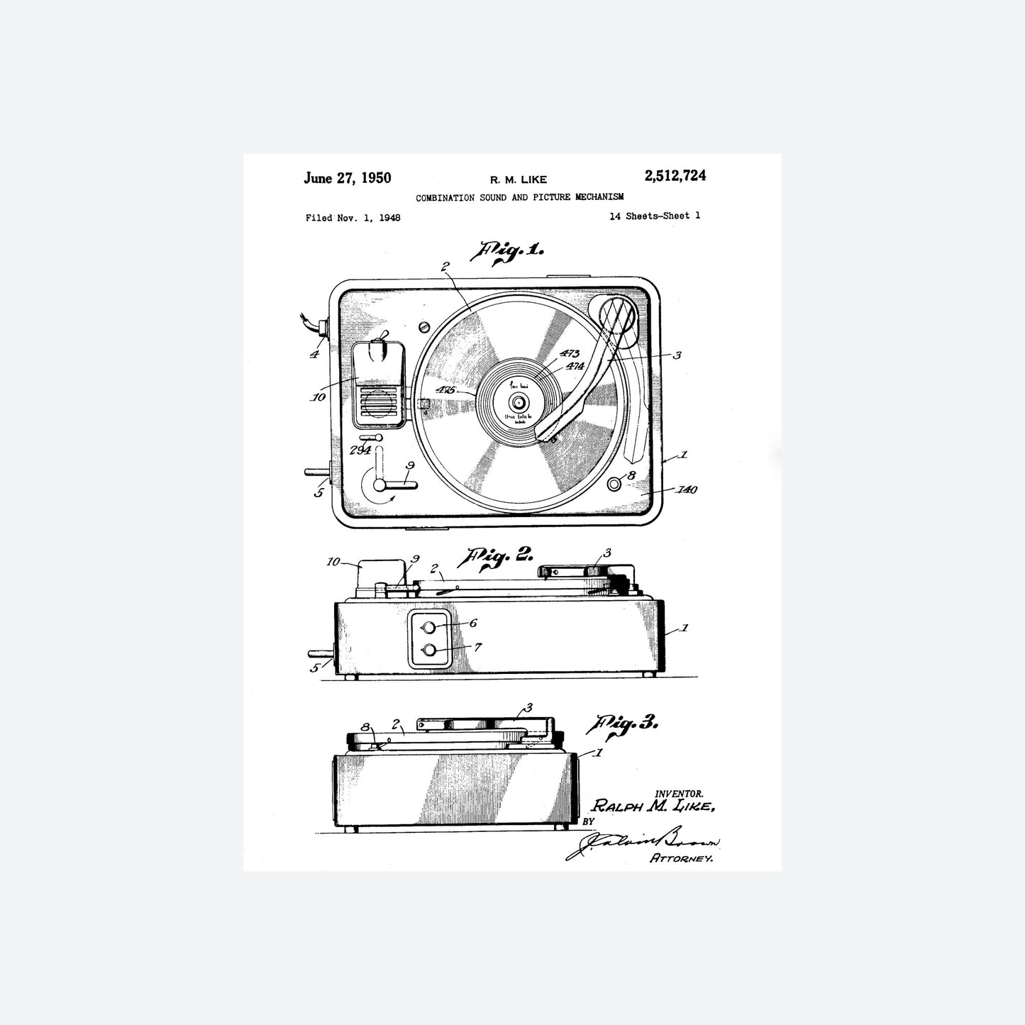 Record Player 1950 Patent Print